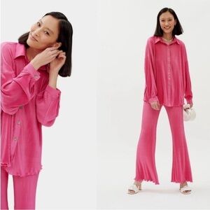 SLEEPER Pajama SET Origami Pleated Button Down Top & Wide Leg Pants in Hot Pink